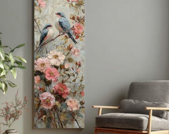 Obraz na płótnie „Dwa ptaki” w stylu vintage – stonowana, stonowana scena kwiatowa w stylu shabby chic, ptaki na gałęziach, płótno w rolce, płótno naciągnięte na płótno lub płótno w ramie