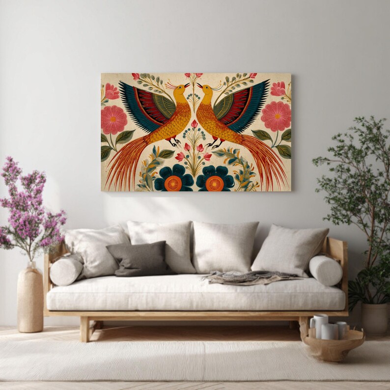 Vintage Folk Art Birds Canvas Print – Symmetrical Bird Painting, Floral ...