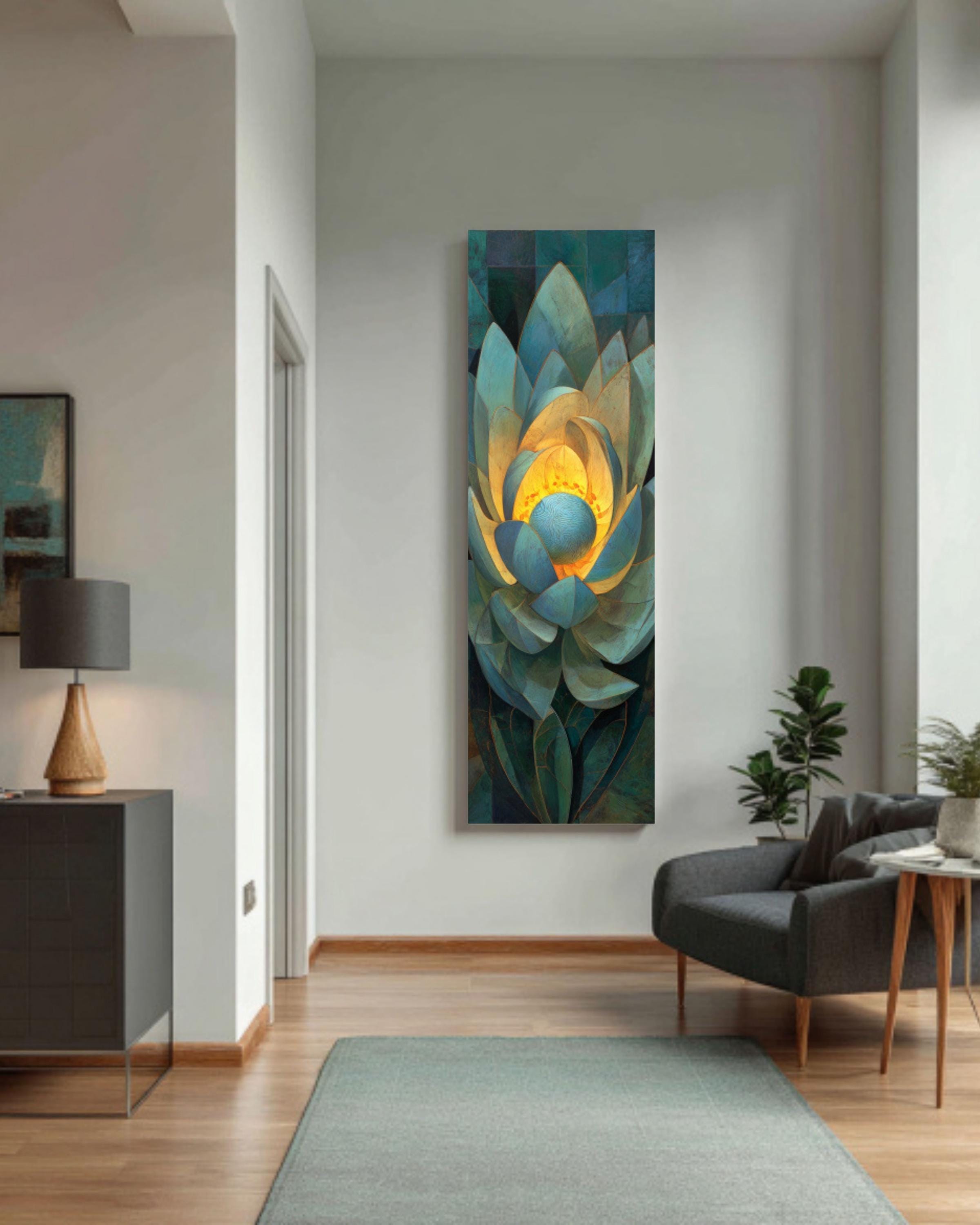 Vintage Lotus Flower Canvas Print – Blue Green Floral Wall Art, Glowing ...