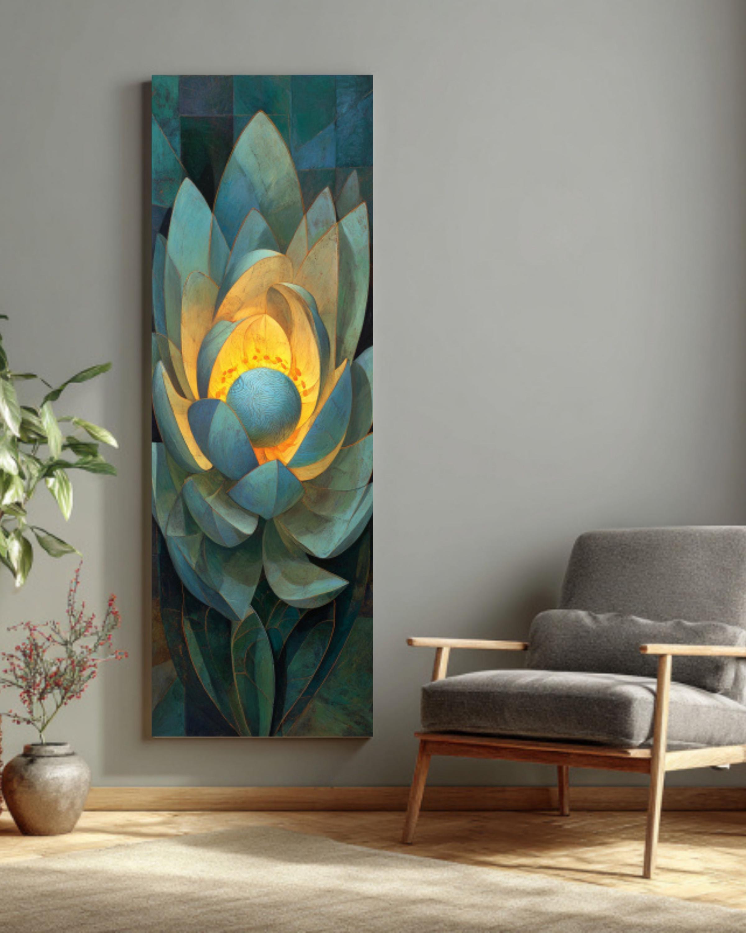 Vintage Lotus Flower Canvas Print – Blue Green Floral Wall Art, Glowing ...