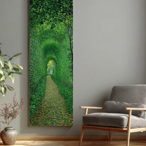 Klimt Forest Tunnel Canvas Print – Vintage Green Tree Path Art, Impressionist Woodland Painting, Canvas Roll, Canvas Wrap or Framed Canvas