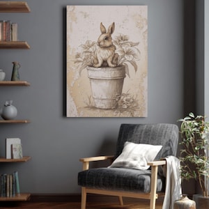 Vintage Easter Bunny in Flower Pot Canvas Print – Rustic Farmhouse Style, Distressed Cozy Art, Canvas Roll, Canvas Wrap or Framed Canvas