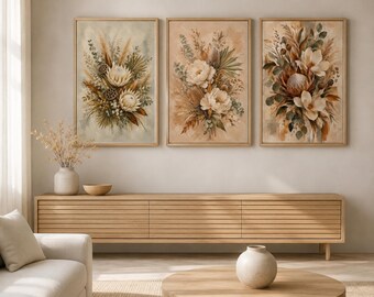 Modern Neutral Floral Wall Art Set of 3, Printable Gallery Wall Decor, Digital Download