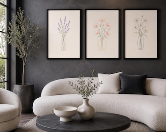 Botanical Line Printable Wall Art Set of 3, Minimalist Floral Wall Decor, Instant Download