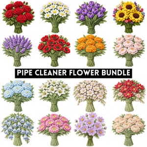 Puede incluir: Una colección de dieciséis ramos distintos hechos con limpiapipas, que presentan varios tipos de flores, incluyendo rosas rojas, margaritas blancas, tulipanes morados, girasoles, lavanda, amapolas, caléndulas naranjas y peonías rosas. Texto: PIPE CLEANER FLOWER BUNDLE.