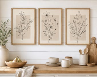 Neutral Printable Wall Art Set of 3, Minimalist Botanical Prints, Home Decor, Instant Download