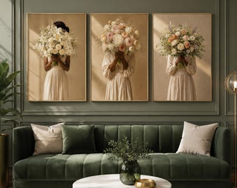 Black Woman Floral Wall Art Set of 3, Minimalist Modern Feminine Decor, Instant Download