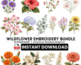 38 Wildflower Embroidery Clipart Bundle PNG, Botanical Embroidery Designs for Cricut Crafts, Instant Download