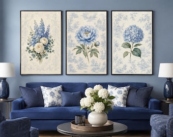 French Blue Botanical Wall Art Set, Vintage Floral Prints, Bedroom Wall Decor, Digital Download