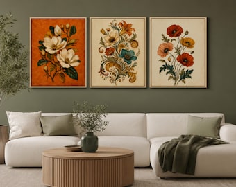 Mid Century Modern Botanical Wall Art Set of 3, Minimalist Wall Decor, Digital Download