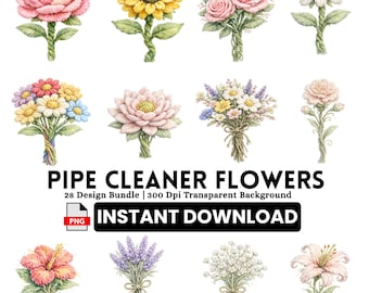 28 Pipe Cleaner Flowers Clipart Bundle, Watercolor Floral PNGs for Crafts, Journals, Instant Download