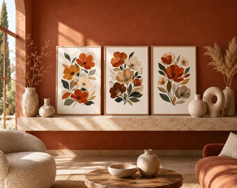 Neutral Abstract Botanical Printable Wall Art Set of 3, Modern Floral Prints, Digital Download