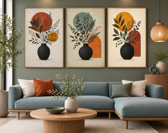 Scandinavian Botanical Wall Art Set of 3, Mid Century Plant Prints, Digital Download