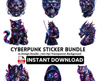 18 Cyberpunk Sticker Design Clipart Png Bundle, Sci-Fi Stickers, Neon Glowing Stickers, Digital Download