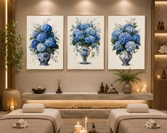 Blue Hydrangea Flower Wall Art Set of 3, Printable Home Wall Decor, Instant Download