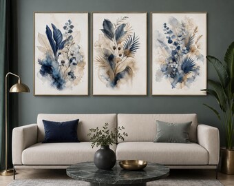Luxury Blue Botanical Wall Art Set of 3, Printable Blue Floral Decor, Instant Download