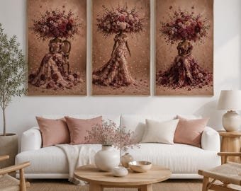 Floral Fashion Woman Wall Art Set of 3, Neutral Gallery Wall Decor, Instant Download