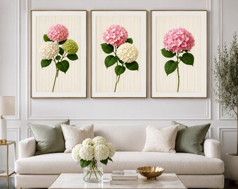 Pink Hydrangea Flower Wall Art Set of 3, Printable Home Wall Decor, Digital Download
