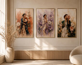 Floral Woman Printable Wall Art Set of 3, Elegant Feminine Botanical Prints, Digital Download