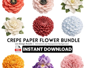 Crepe Paper Flower Bundle PNG, 110 Floral Clipart, Botanical PNG for Cricut, Instant Download
