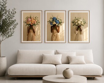 Black Woman Floral Wall Art Set, Neutral Botanical Printable Gallery Wall Decor (Digital Download)