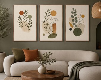 Neutral Botanical Wall Art Decor Set of 3, Modern Boho Printable Art, Instant Download