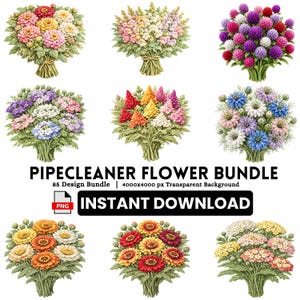 Paquete de flores de limpiapipas PNG, 85 imágenes prediseñadas florales, flores de limpiapipas para Cricut y sublimación