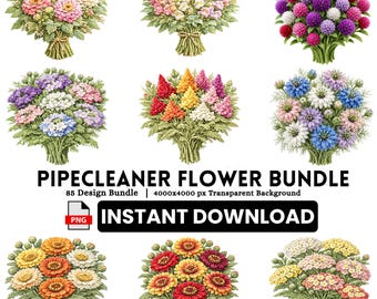 Pipecleaner Flower Bundle PNG, 85 Floral Clipart, Pipe Cleaner Flowers for Cricut & Sublimation
