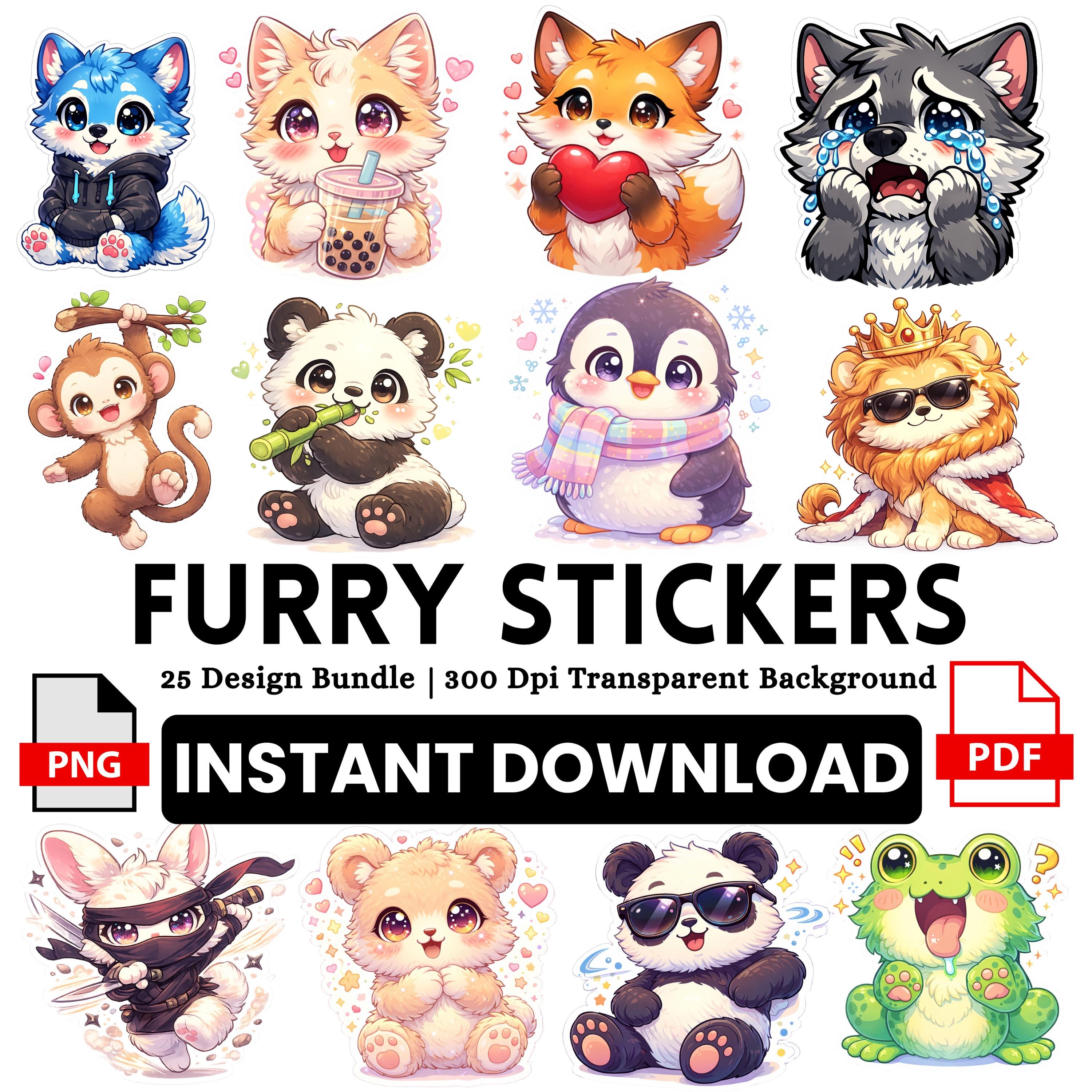 Furry Paper Sticker Furry Sticker 25 Design Png Bundle Kawaii Stickers Clipart Instant ...