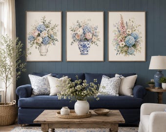 Luxury Botanical Watercolor Wall Art Set, Elegant Floral Prints, Cottage Home Decor, Instant Download
