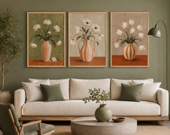 Abstract Floral Vase Wall Art Set of 3, Vintage Printable Gallery Decor, Instant Download