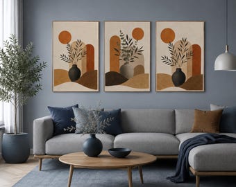 Abstract Botanical Wall Art Set of 3, Mid Century Modern Prints, Instant Download