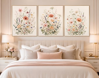 Botanical Wall Art Set of 3 Printable Wildflower, Floral Gallery Wall Decor Digital Download