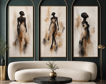 Minimalist Black Woman Wall Art Set of 3, Modern Abstract Figure Printable, Instant Download