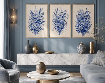 Blue Botanical Printable Wall Art Set of 3, Bedroom Wall Decor, Digital Download