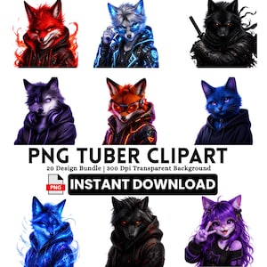 Op de afbeelding: Een verzameling van negen digitale kunstafbeeldingen met antropomorfe dieren, waaronder vossen, wolven en een kat, met futuristische en cyberpunk-geïnspireerde ontwerpen. De afbeeldingen zijn in levendige kleuren, met gloeiende accenten en hoodies. Tekst: "PNG Tuber Clipart" en "Instant Download".