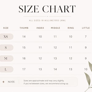 May include: A size chart table with the heading SIZE CHART and the sub-heading ALL SIZES IN MILLIMETERS (MM). The table lists sizes XS, S, M, and L with corresponding measurements for thumb, index, middle, ring, and little fingers in millimeters.