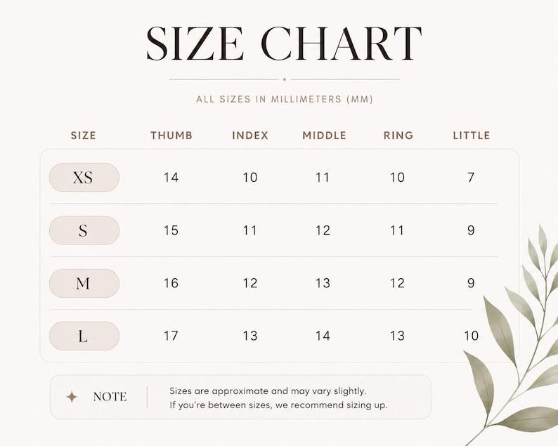 May include: A size chart table with the heading SIZE CHART and the sub-heading ALL SIZES IN MILLIMETERS (MM). The table lists sizes XS, S, M, and L with corresponding measurements for thumb, index, middle, ring, and little fingers in millimeters.