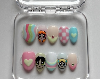 Powerpuff Girls Inspired Press On Nails | Handmade Cartoon Nail Set | Cute Kawaii Press Ons | Y2K Nails | Reusable nails