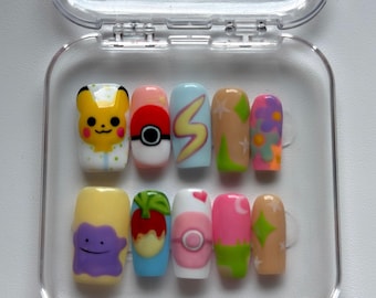 Cute Kawaii Character Press On Nails | Handmade Pastel Nail Set | Colorful Press Ons | Anime Inspired Nails | Custom