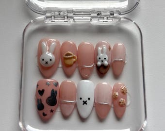 Cute Bunny Press On Nails | Miffy Inspired Nail Set | Handmade Kawaii Nails | Soft Girl Press Ons | Reusable nails