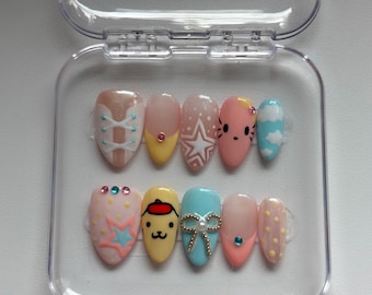 Pastel Sanrio Inspired Press On Nails | Handmade Kawaii Press Ons | Cute Character Nail Set | Reusable nails