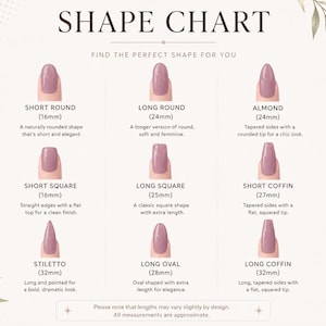 May include: A nail shape chart titled SHAPE CHART displaying nine mauve-colored nail styles with corresponding names and measurements in millimeters, including short round, long round, almond, short square, long square, short coffin, stiletto, long oval, and long coffin.