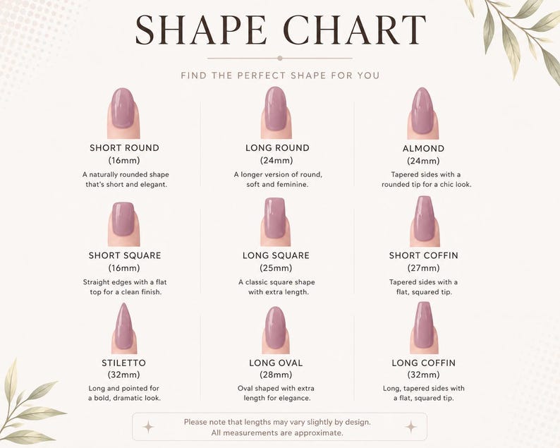 May include: A nail shape chart titled SHAPE CHART displaying nine mauve-colored nail styles with corresponding names and measurements in millimeters, including short round, long round, almond, short square, long square, short coffin, stiletto, long oval, and long coffin.