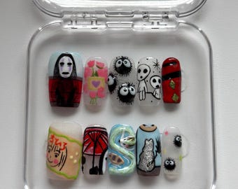 Spirited Away Inspired Press On Nails | Handmade Anime Nail Set | Fantasy Kawaii Nails | Reusable Press Ons | Studio Ghibli Inspired Nails