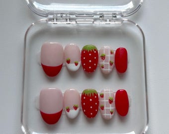 Strawberry Press On Nails | Handmade Kawaii Nail Set | Cute Pink Nails | Reusable Press Ons | Cottagecore nail art
