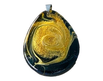 Unique Handmade Colorful Abstract Epoxy Resin Pendant Necklace, Yellow and Black, Teardrop, Statement Necklace