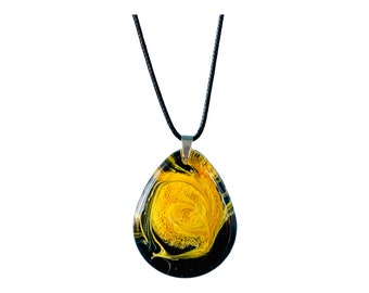 Unique Handmade Colorful Abstract Epoxy Resin Pendant Necklace, Yellow and Black, Teardrop, Statement Necklace