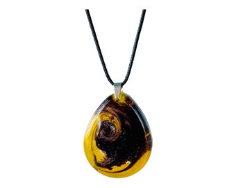 Unique Handmade Colorful Abstract Epoxy Resin Pendant Necklace, Yellow and Brown, Teardrop, Statement Necklace