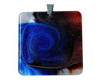 Unique Handmade Colorful Abstract Epoxy Resin Pendant Necklace, Blue and Brown, Square, Statement Necklace